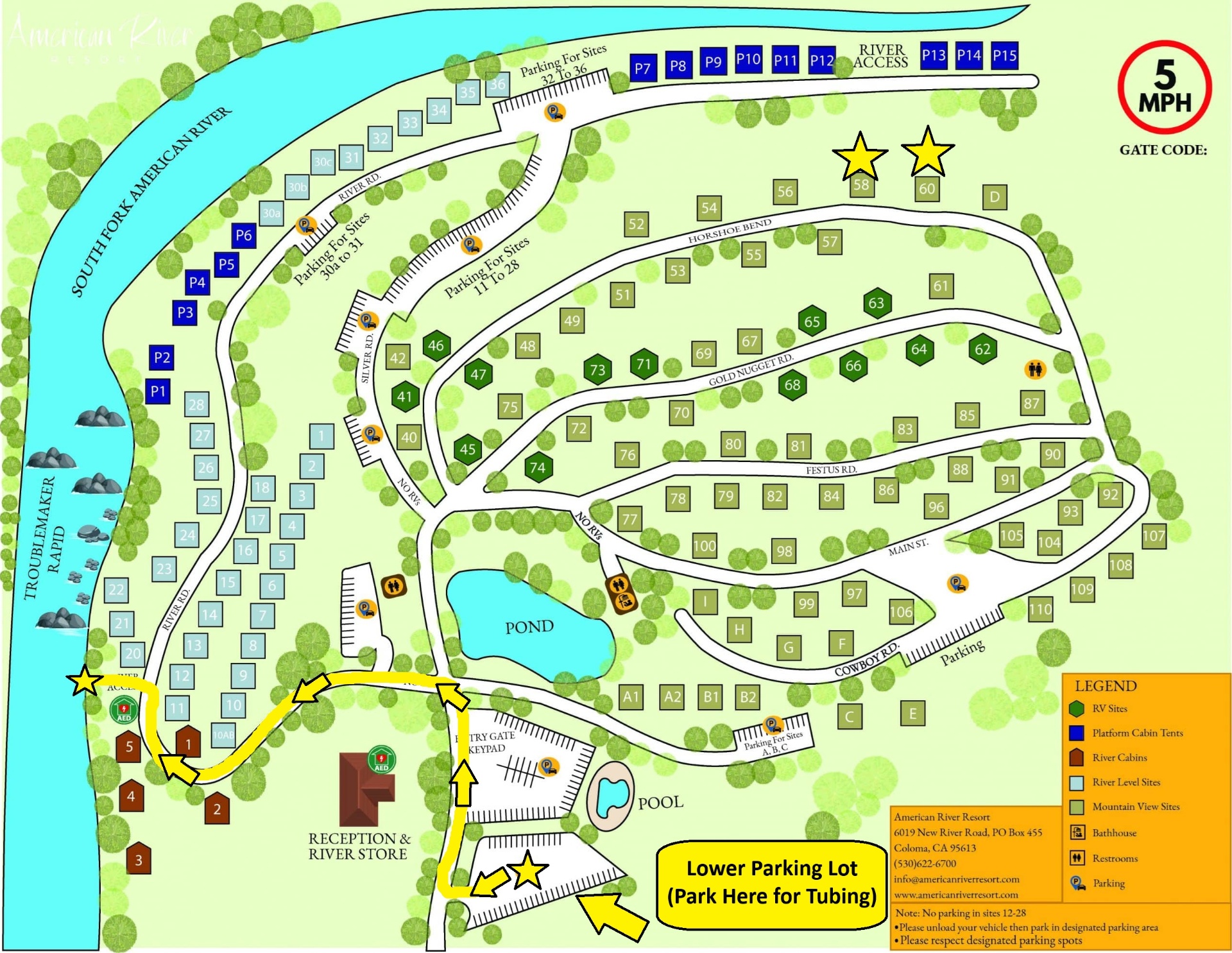 American River Resort map showing where to park and path to the river