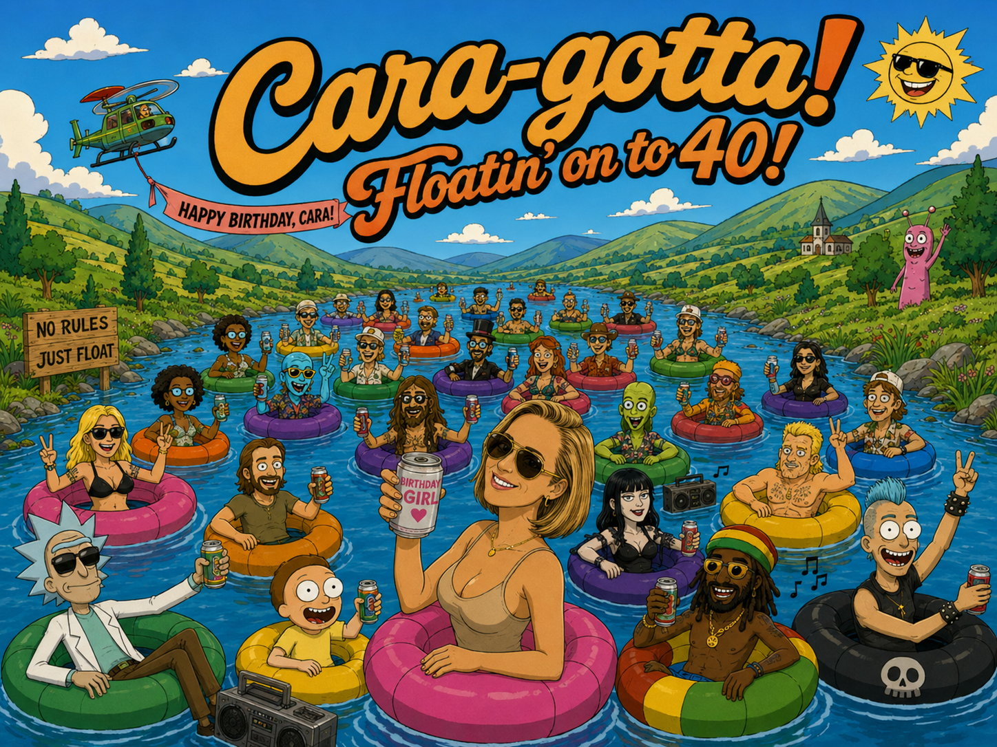 Cara and friends floating cartoon