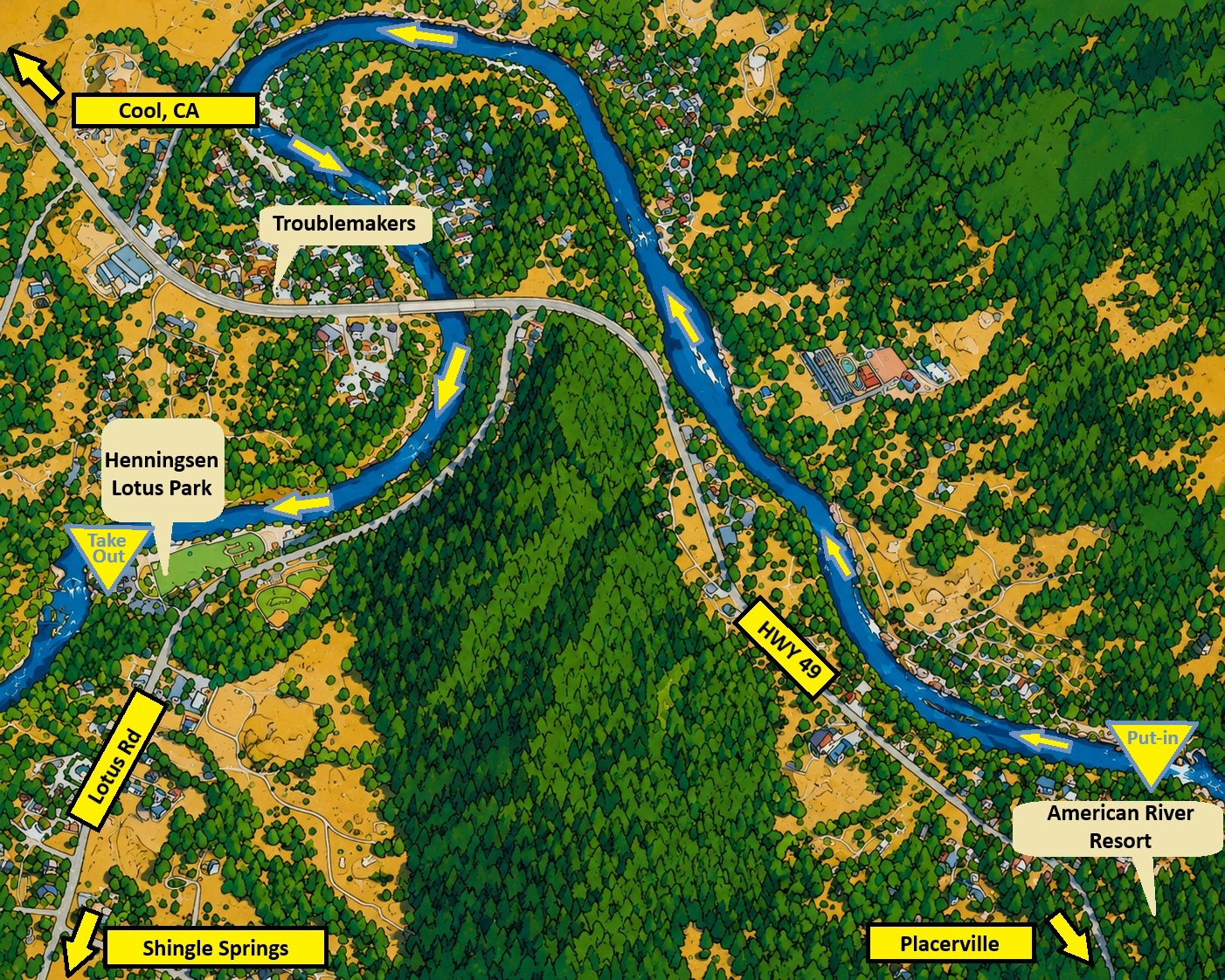 Coloma area map showing important locations and tube route from put-in to take-out